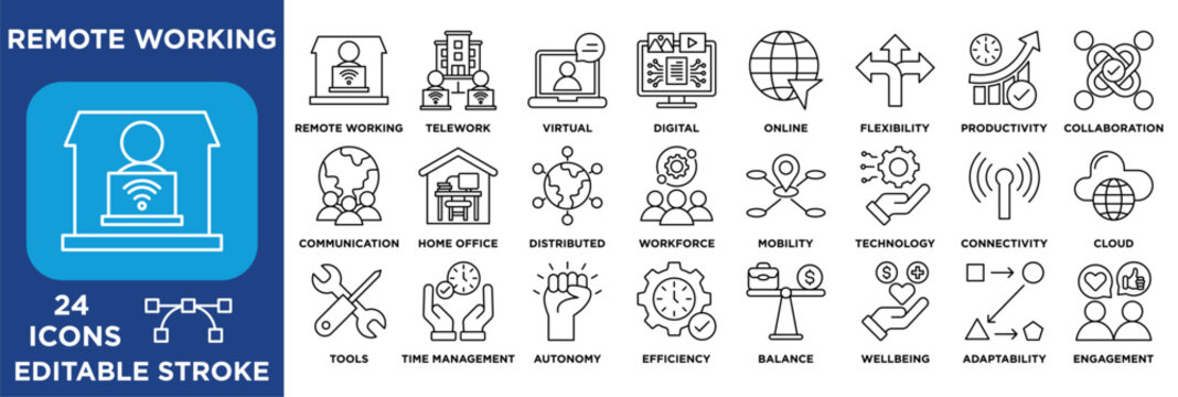 Remote working icon set featuring virtual collaboration, telework, online productivity, flexibility, connectivity, digital tools, and work-life balance concepts. vector lineal