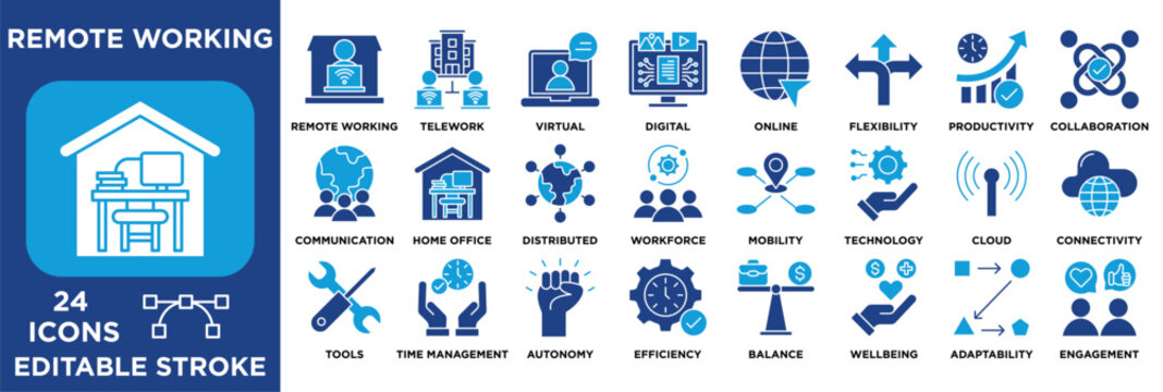 Remote working icon set for modern business featuring telework, virtual collaboration, home office, productivity, flexibility, cloud, and digital tools.  vector dual tone  - Powered by Adobe