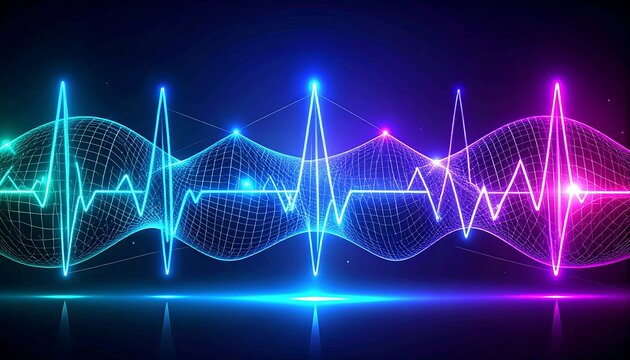 Vibrant neon digital waveform with glowing pulse lines in blue and magenta against a dark background, representing sound or data visualization. - Powered by Adobe