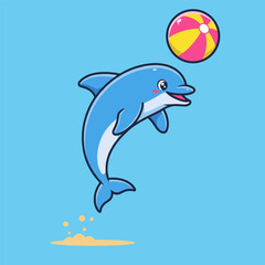 Cute cartoon dolphin jumping out of the water and playing with a ball in the blue ocean illustration © bima