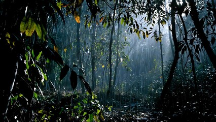 Sunlight Filtering Through a Lush Forest During a Heavy Rain Shower