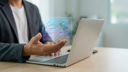 Ai automation high tech brain planning concept over laptop, business hand showing digital neural network interface for strategic level innovation