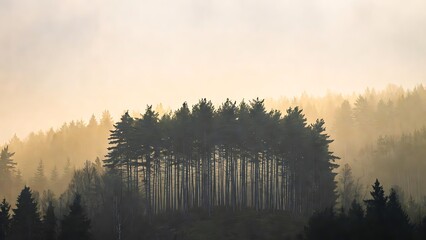 Misty golden light illuminates a dense forest of tall pine trees