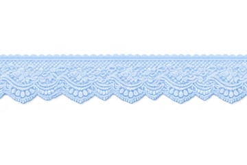 Seamless blue lace border with floral embroidery pattern, delicate feminine textile trim fabric, transparent background