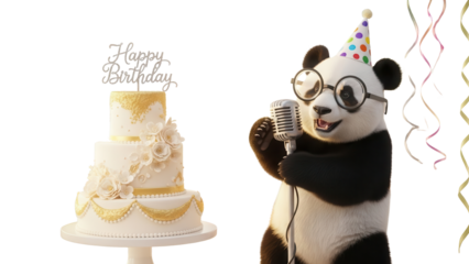 Cute Panda Character with Birthday Cake and Microphone isolated PNG with Transparent Background