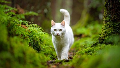 A pristine white cat walks toward the camera along a moss-covered path in a lush, verdant forest, illuminated by soft daylight