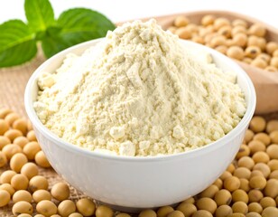 Bowl of light powder atop soybeans, with a mint sprig, all on burlap