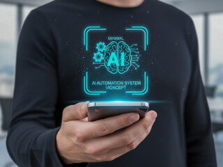 Ai automation high level planning concept with glowing digital brain icon hovering above smartphone in modern office background