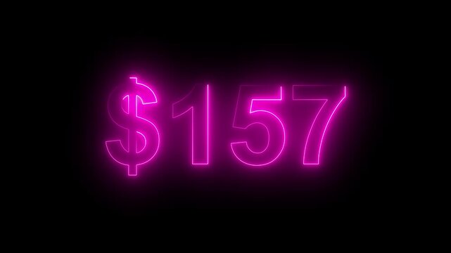 Glowing neon $157 price sign on dark background. Money symbol, sale, cost, price display, retail sale, finance, Value, Sale, Marketing Background.