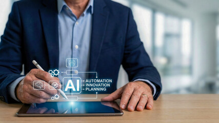 Ai automation high level planning concept with business professional using digital tablet stylus for strategy design and innovation
