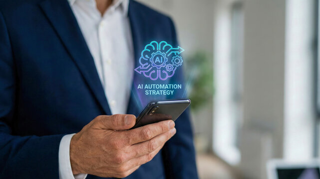 Ai automation high level planning concept for business strategy with digital brain icon over smartphone in male hand in modern office - Powered by Adobe