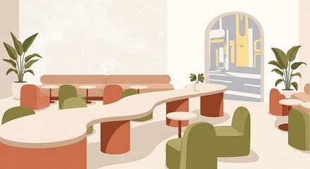 Vector illustration of a modern open plan office lounge or co-working space.