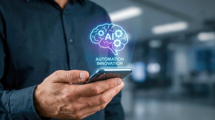 Ai automation innovation high level planning concept with glowing digital brain over mobile phone in hand for creative future technology business