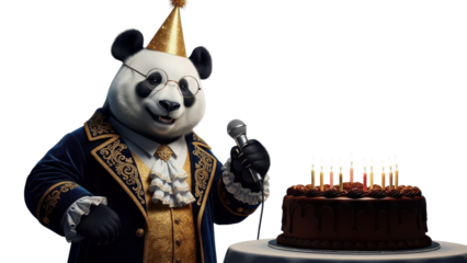 Panda Bear in Suit with Party Hat and Microphone Next to Chocolate Birthday Cake isolated PNG with Transparent Background