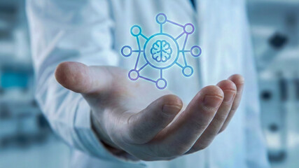 Ai automation high level planning concept, digital brain network hovering above open hand, modern technology innovation, futuristic data interface