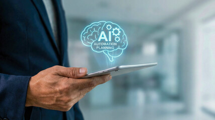 Ai automation high level planning concept for business strategy with digital brain hologram above tablet in office background