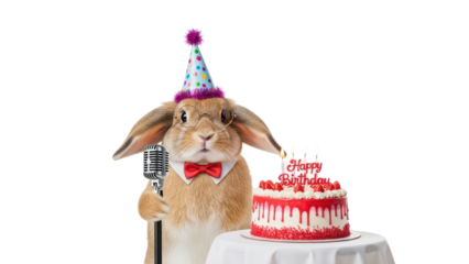 Cute Lop-Eared Rabbit Wearing Party Hat and Red Bow Tie with Birthday Cake isolated PNG with Transparent Background
