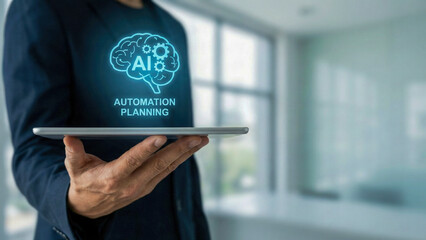 Ai automation planning concept high level planning hologram over tablet in modern office with business hand holding device