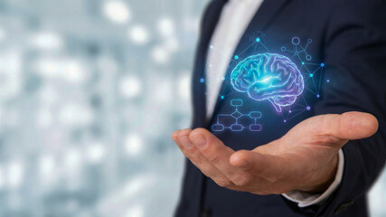 Ai automation high level planning concept with glowing digital brain hologram floating above business hand in modern office background