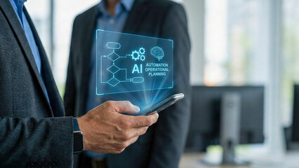 Ai automation high level planning concept with business strategy diagram mobile phone modern office environment for future technology innovation