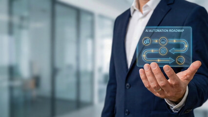 Ai automation roadmap high level planning in business hand of businessman holding digital process hologram in modern office
