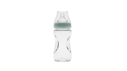 Clear Glass Baby Bottle with Green Nipple and Cap Product Shot isolated PNG with Transparent Background