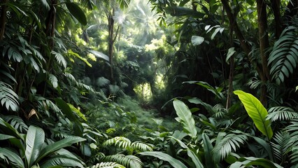 Lush tropical jungle with light filtering through the dense canopy