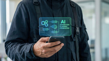Ai automation high level planning framework hologram over mobile device held by professional worker