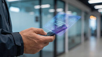 Ai automation high level planning framework on digital tablet in modern office showing futuristic interface and business technology focus