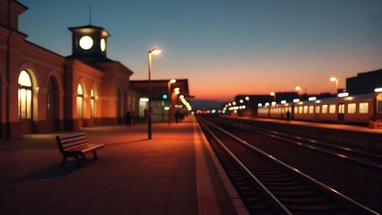 Train station platform at dusk with illuminated building