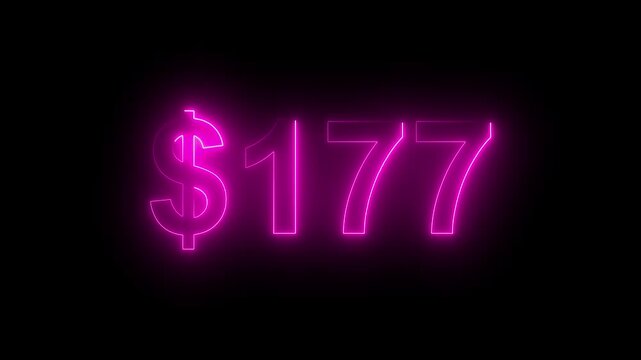 Glowing neon $177price sign on dark background. Money symbol, sale, cost, price display, retail sale, finance, Value, Sale, Marketing Background.