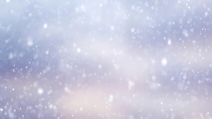 Abstract bokeh of snow falling gently over a soft blue and purple