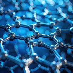 Blue-toned, close-up abstract structure with connected metal spheres forming a hexagonal pattern, partially blurred