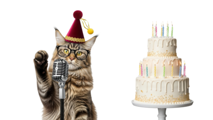 Funny Maine Coon Cat Wearing Party Hat and Glasses Singing into Microphone Next to Tiered Birthday Cake with Candles isolated PNG with Transparent Background