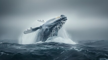Majestic Humpback Whale Breaching in Dramatic Ocean Scene with Foggy Background Capturing the Power and Grace of Marine Life in Natural Habitat