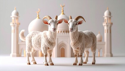 Two white goats standing in front of a mosque model with domes and minarets