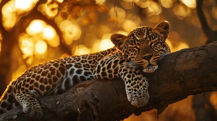 Majestic leopard resting on a tree branch, surrounded by golden sunlight and blurred foliage, showcasing the beauty of wildlife in its natural habitat