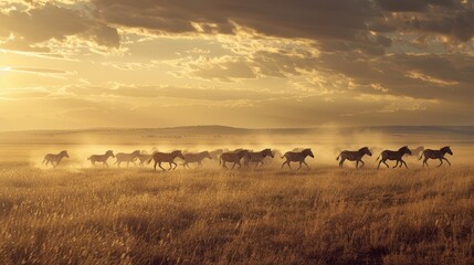 Majestic Wild Horses Running Across an Open Field During Sunset, Dust Rising with Golden Sunlight Casting Beautiful Shadows on the Landscape