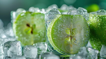 Refreshing Green Apple Slices in Sparkling Water with Ice Cubes for a Cool Beverage Experience in a Trendy Drink Setting with Shimmering Bubbles and Fresh Ingredients
