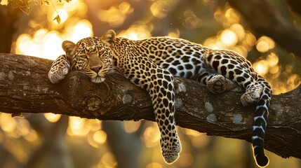 Serene Leopard Lying Comfortably on Tree Branch Against a Dazzling Sunset Background, Showcasing Natural Beauty and Wild Animal Behavior in the Wilderness