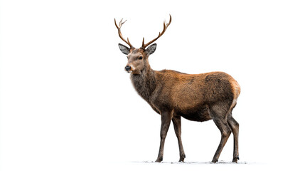 Obraz premium A large brown deer with antlers stands on a snowy surface