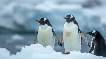 Obraz premium Trio of Charming Gentoo Penguins on Ice in Antarctic Landscape, Surrounded by Icy Blue Waters and Glacial Formations, Displaying Unique Behavior and Natural Habitat