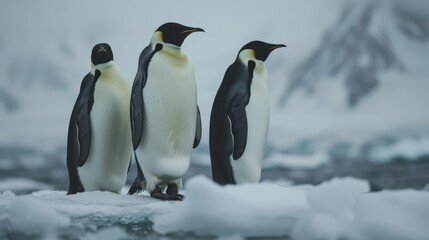 Three Emperor Penguins Standing on Ice in a Cold Antarctic Landscape Amidst Gray Skies and Icebergs, Showcasing Nature's Resilience and Beauty in a Remote Environment