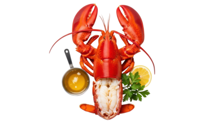 Cooked Red Lobster with Lemon and Butter Sauce Product Shot isolated PNG with Transparent Background