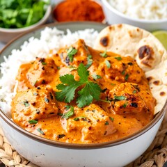 Bowl of orange curry, rice, flatbread, and herb garnish. Presented attractively with various ingredients in background