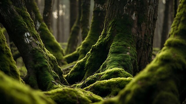 Lush green moss covering ancient tree trunks and roots in a serene