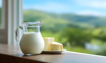 milk pitcher and cheese, focus on the dairy
