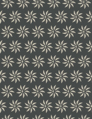 Abstract flowers with grey and beige petals on dark grey background in vector seamless pattern.