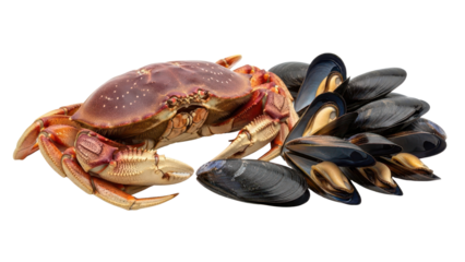 Fresh Brown Crab and Mussels Seafood Delicacy isolated PNG with Transparent Background