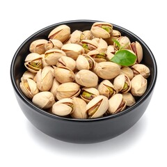 Bowl of pistachios closed and partially open shells, pale beige and green, in a black bowl, plus a green leaf